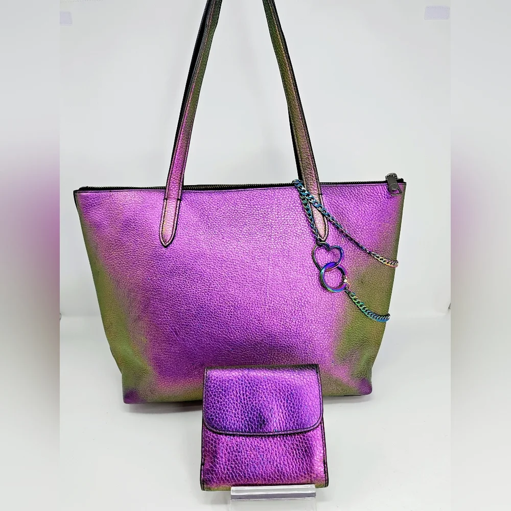 RARE! Bespoke Coach Hologram Oil Slick Taylor Tote & Wallet Set w/ Rexy Charm - Picture 7 of 17